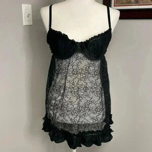 Victoria's Secret Sexy Little Things Lingerie Sz 36B Black Floral Lace Ruffle